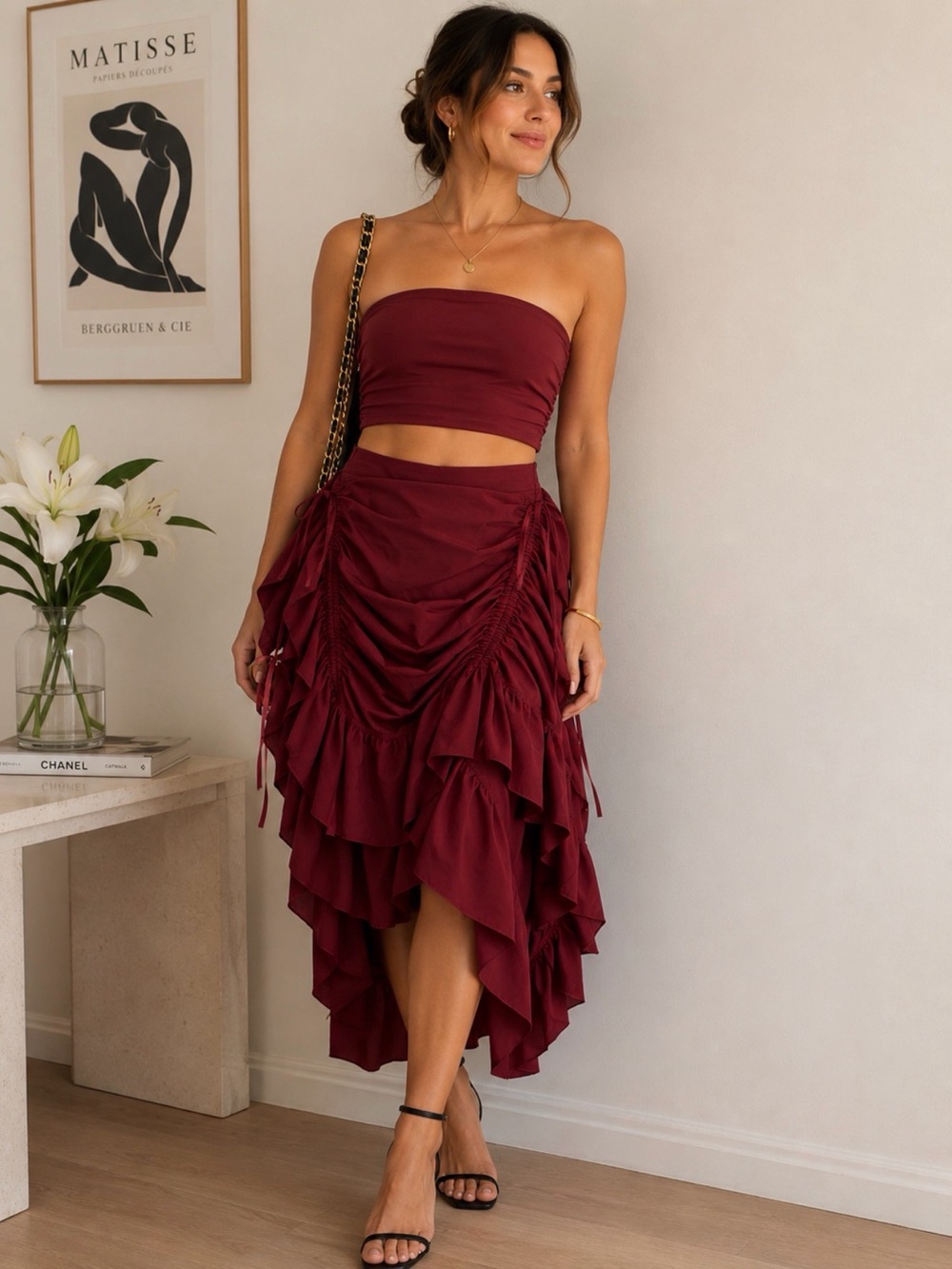 Tiered Ruffle High-Low Skirt in Burgundy